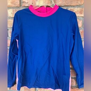Modli Long Sleeve Blue and Pink work out Shirt with zipper in back. 82% nylon